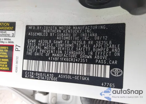 2012 Toyota Camry Xle из США, поврежденный, VIN 4T4BF1FK6CR247351